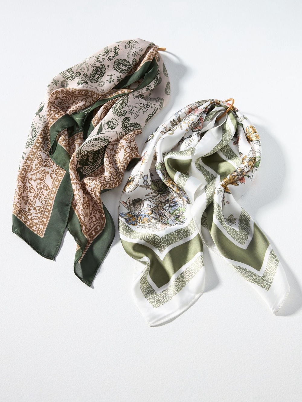 Anthropologie Paisley Botanical Silk Look Scarf Duo Olive Beige White NEW